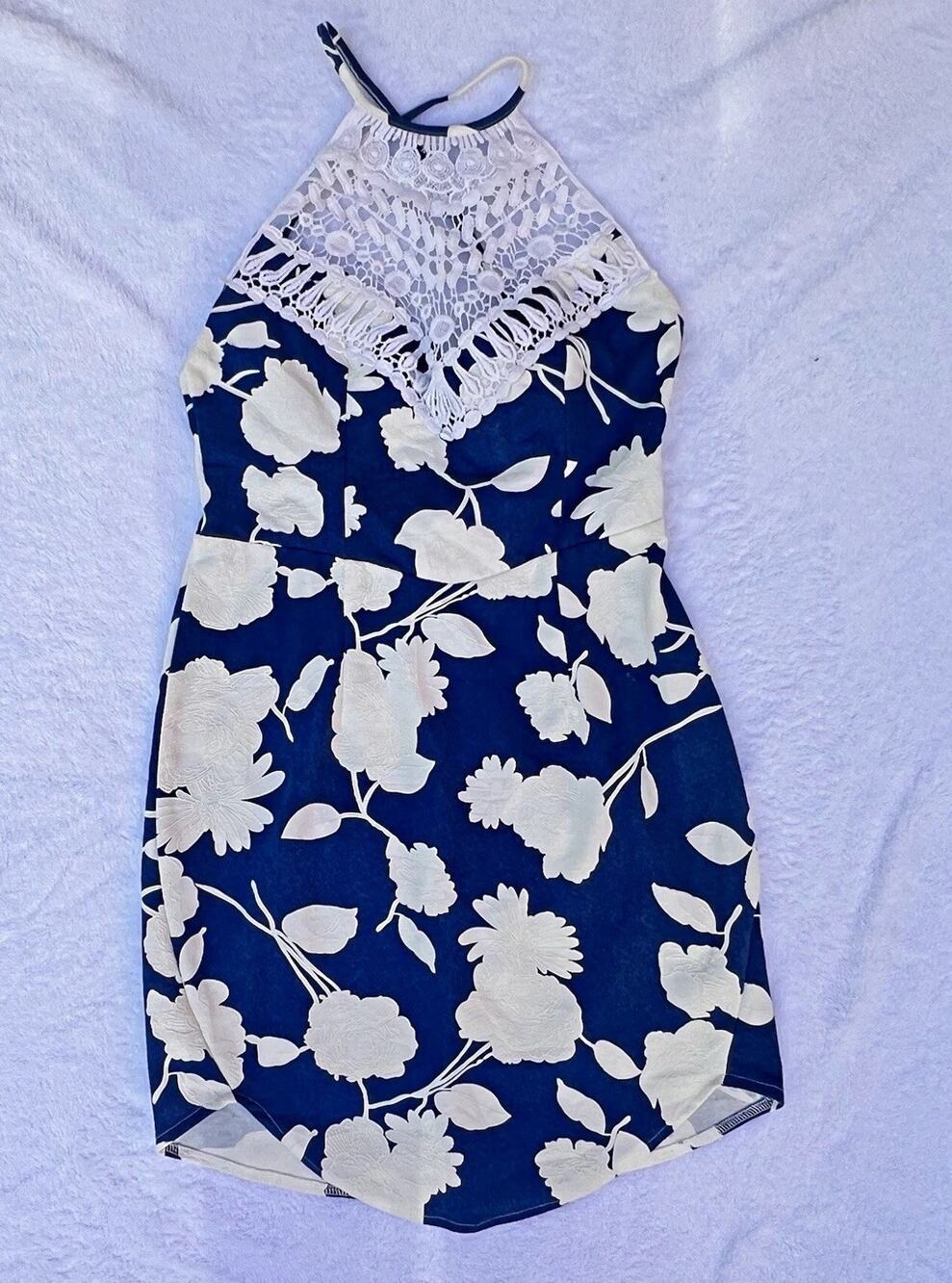 Angel Biba Dress Size 10 Navy Ivory Floral Crochet Lace Halter Bodycon knee